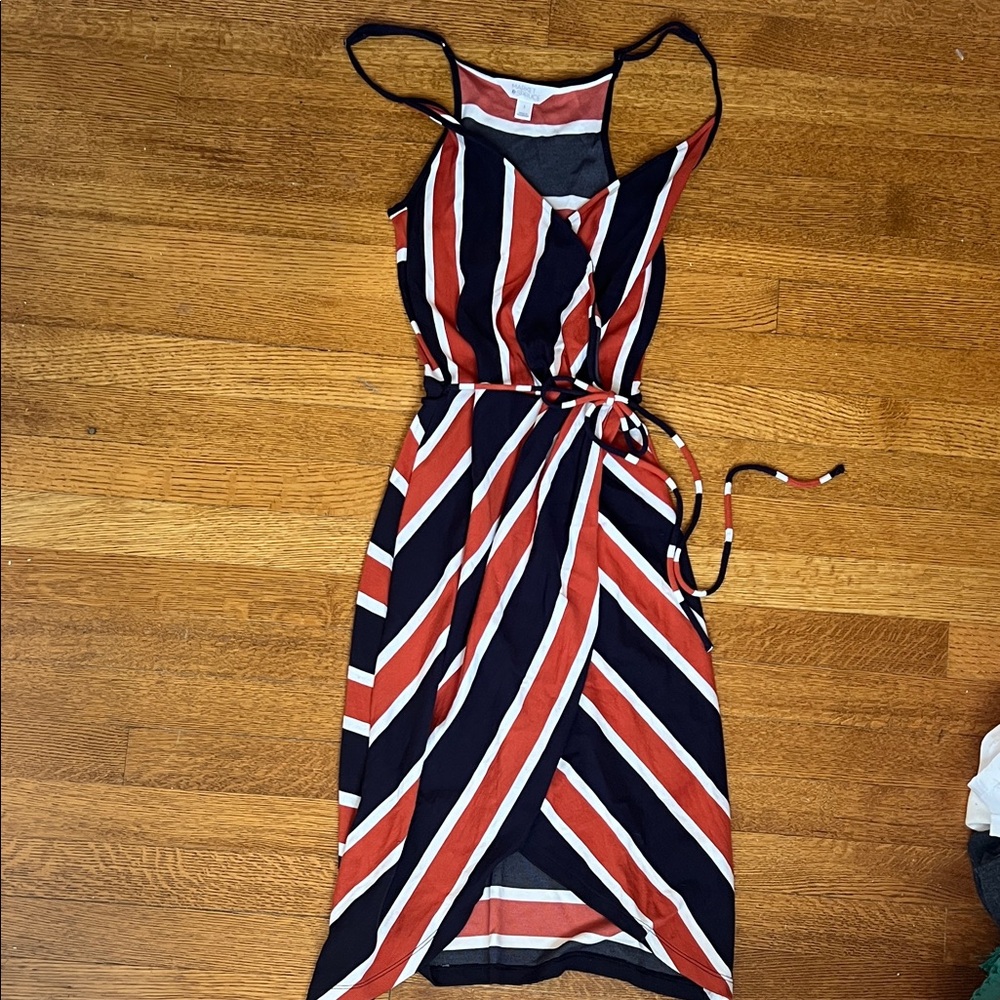 Market & Spruce Orange/Blue/White Striped Faux Wrap Dress